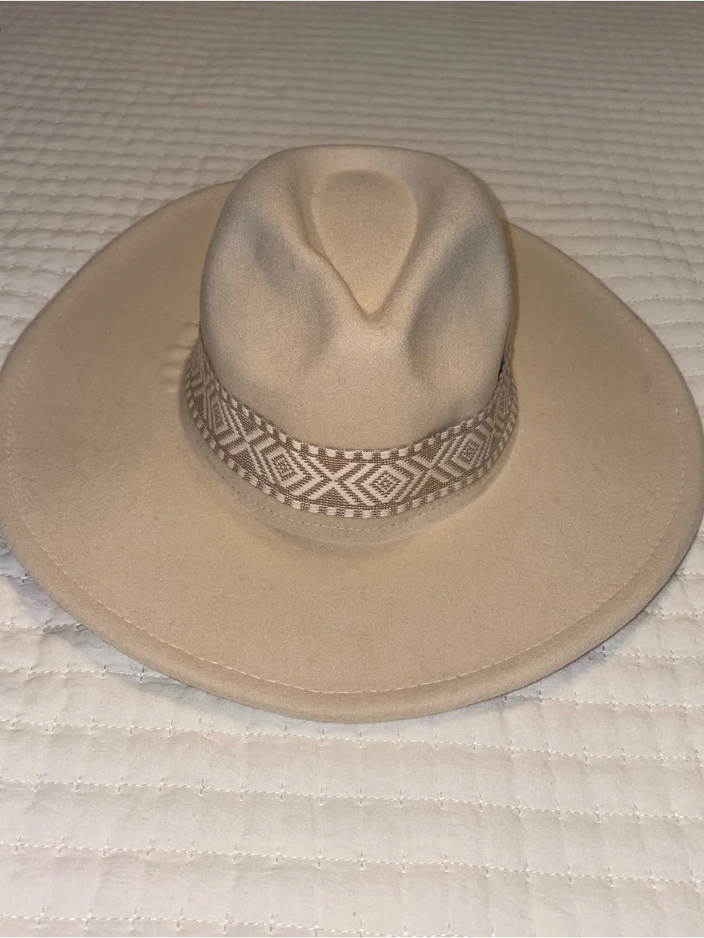 Beige Wide Brim Fedora Hat with Geometric Band